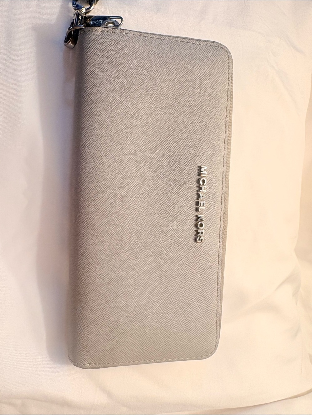 Michael Kors Light Gray Saffiano Zip Wallet with Silver Hardware